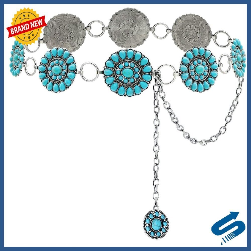 Silver Western Chain Belt with Turquoise Conchos, Adjustable Women's Accessory